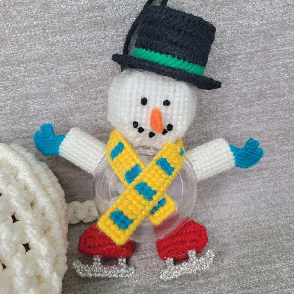 Vintage Handmade Plastic Canvas Snowman Penguin Sleigh Christmas Ornaments 4pc